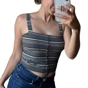 American Eagle S Black Stripe Ribbed Knit Button Up Square Neck Tank Top